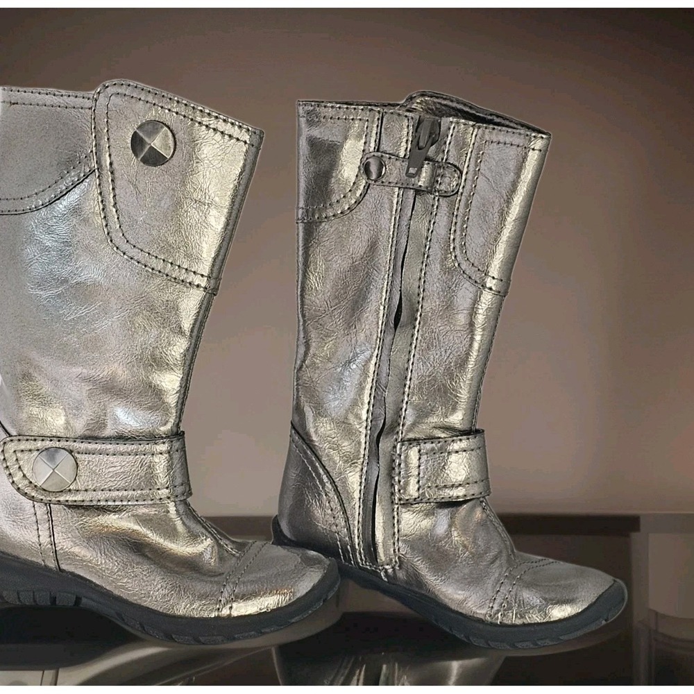 Nordstrom Girls Mid-Calf Silver Metallic Boots  Zip Up Low Heel Size 23 ( 7.5)